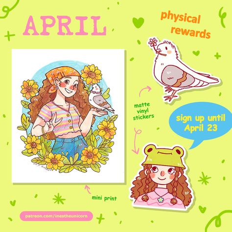 🌷 April Rewards Preview 🌷 | Inês Dinis on Patreon Patreon Rewards, Y2k Inspo, Comic Sans, Happy Mail, Saturated Color, Colourful Outfits, Fun Activities, Some Fun, Vinyl Sticker