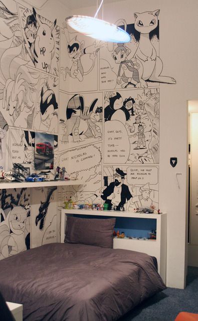 I bet Seth would love Batman comic strips in Jude's room :) Bedroom Designs, Pokemon Bedroom, Anime Bedroom Ideas, Pokemon Room, Otaku Room, Anime Decor, Anime Room, Kawaii Room, Cool Pokemon