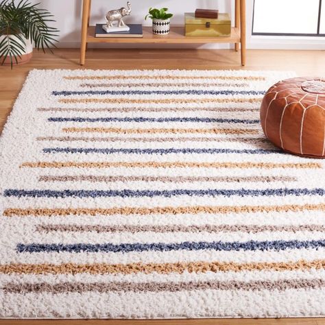 Ebern Designs Striped Rug & Reviews | Wayfair Gold Rugs, Rug Shapes, Nursery Design, Casual Family Rooms, Metal Floor Lamps, Gold Rug, Striped Rug, Rugs Size, Ivory Rug