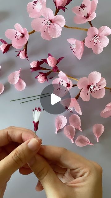 Sakura Paper Flower Diy, Making Crepe Paper Flowers, Cherry Blossom Crepe Paper, Crepe Paper Cherry Blossoms, How To Make Sakura Paper Flowers, How To Make Cherry Blossom Flowers, Cherry Blossom Paper Flowers Diy, How To Make Easy Paper Flowers, Diy Cherry Blossom Flowers