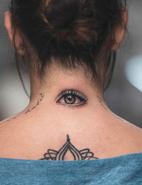 Eyeball Neck Tattoo, Portrait Neck Tattoo, Eye On Back Of Neck Tattoo, Eye Back Of Neck Tattoo, Eye Tattoo Design Realistic, Neck Eye Tattoo, Tattoo Nape Of Neck, Closed Eyes Tattoo, Woman Eyes Tattoo