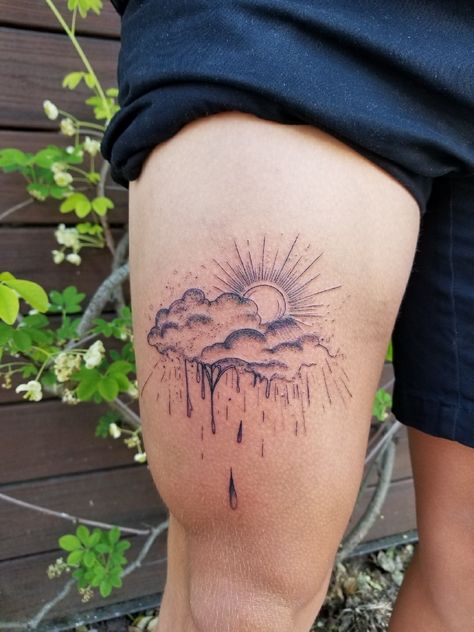 Storm Back Tattoo, Thunder Clouds Tattoo, Leg Cloud Tattoo, American Traditional Rain Cloud Tattoo, Rain And Shine Tattoo, Clouds And Sky Tattoo, Rain Storm Tattoo Ideas, Thunderstorm Cloud Tattoo, Rain Cloud And Sun Tattoo