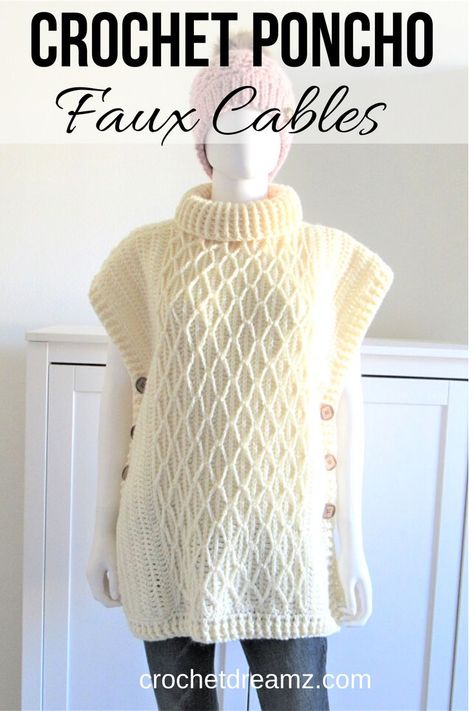 Try this easy free crochet poncho made with faux cables. The cables are made with chain stitches and is perfect for beginners. This beautiful poncho for women also includes pluz sizes. You can make it for winter or use cotton yarn to make it for summer. #crochetponcho, #crochetponchofreepattern, #freecrochetponcho, #easycrochetponcho, #crochetponchopattern Crocheted Ponchos Patterns Free, Poncho Au Crochet, Crochet Sweater Design, Crochet Cape, Poncho Crochet, Crochet Poncho Free Pattern, Crochet Sweater Pattern Free, Crochet Poncho Patterns, Kawaii Crochet