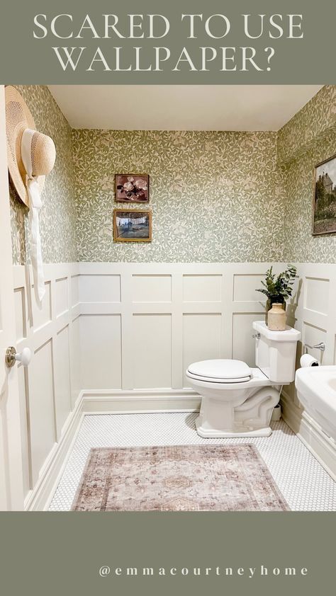 emmacourtneyhome on Instagram: Wallpaper makes such a big impact in a small space like a powder room or closet. If you’re scared of the commitment, these are my favourite… Wallpaper And Board And Batten, Wallpapered Bathroom, Ikea Sektion Cabinets, Vine Wallpaper, Wallpaper Powder Room, Powder Room Wallpaper, Designing Ideas, Powder Room Small, Bold Wallpaper