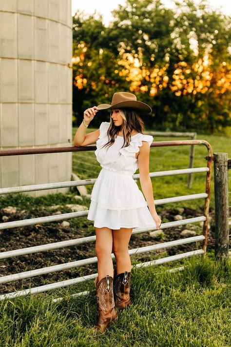 Western Girl Dress, Country Graduation Dress Cowgirl Boots, Graduation Dress Western, Dress And Cowboy Boots Photoshoot, Western White Dress Outfit, Western White Dress With Boots, Women Western Photoshoot, Cow Girl Dresses, Grad Dress With Cowboy Boots