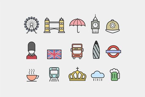 15 London Icons by Creative VIP on @creativemarket Bullet Journal Voyage, England Tattoo, Uk Icon, London Flag, Themed Icons, The Gherkin, London Drawing, London Illustration, London Theme