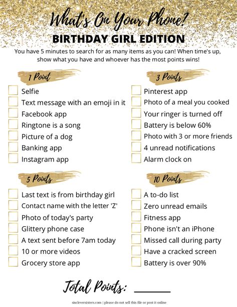 What's On Your Phone {Free Printable Birthday Game} Birthday Questionnaire For Adults, Fun Games To Do At A Birthday Party, Games For 40th Birthday Party, Games To Play At 40th Birthday Party, What's On Your Phone Game Free Printable, 18th Birthday Games Ideas, What's In Your Phone Game, Birthday Jepordy Game Diy Questions, What's In Your Phone Game Free Printable