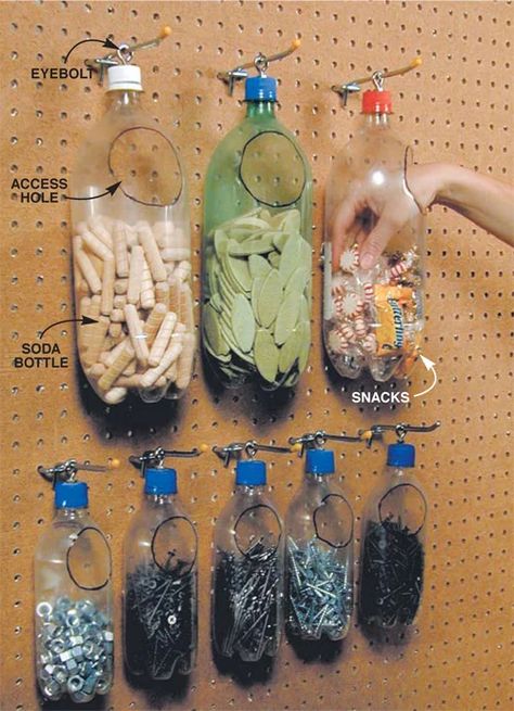 Arbejdsplads Garage, ขวดโหล Mason Jar, Upcycled Organization, Mebel Antik, Diy Garage Door Insulation, Organization Hacks Diy, Storage Shed Organization, Reuse Plastic Bottles, Diy Rangement