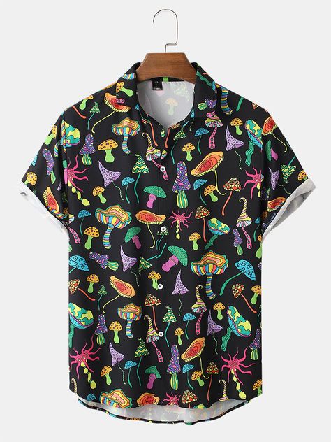 Designer Mens Colorful Mushroom Print Button Up Street Short Sleeve Shirts - NewChic Tropical Vacations, Mushroom Print, Casual Dating, Sun Beach, Hawaiian Print, Hawaii Shirt, Beach Party, Look Cool, Hawaiian Shirt