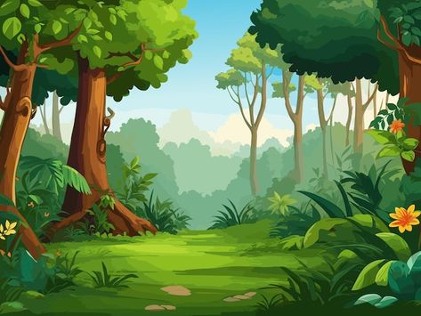 Jungle Vector Illustration, Jungle Background Cartoon, Wild Animals Background, Jungle Background Landscape, Jungle Tree Illustration, Background Trees Drawing, Forest Animation Background, Draw Forest Background, Animated Forest Background