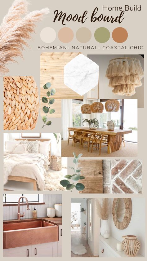 Home build mood board House Colour Mood Board, Coastal Interior Design Mood Board, Mood Board For House Interior, Coastal House Mood Board, Coastal Moodboard Interior Design, Rustic Home Mood Board, Bohemian Style Mood Board, Mood Board Inspiration Interior, Hobo Interior Design