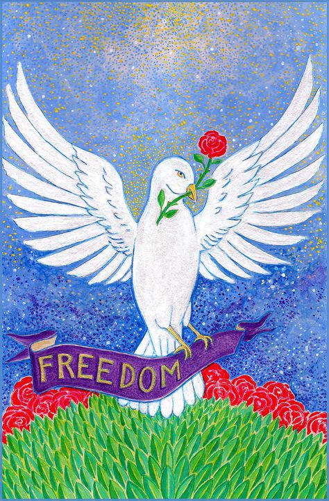 Freedom Dove Archival Hand Made 5x7 Blank Art Card  DESIGN NO. 320 The Dove is an ancient symbol of Life, the Soul and the Sacred Feminine Spirit. It is carrying a red rose which is symbolic of Love. The Dove and the banner of Freedom are in the colors of the Suffragette Movement. Purple/ Loyalty White/ Purity Gold/ Hope I created this Dove that is flying with wings spread wide and carrying these symbols to express a Hope for all of us. Let's bring Freedom to all with Love! This image is a watercolor pen and ink by Kristian Johnson Michiels  This image is from a watercolor, pen and ink by  Kristian Johnson Michiels  *  Printed with inks that last 75 years, in my studio, just for you! * Hand mounted on colorful 5 x 7 hand cut, folded card stock with story on back. * Comes with envelope and