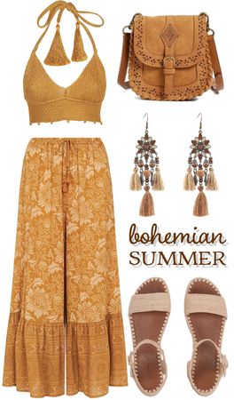 Boho Floral Outfits, Summer Hobo Outfits, Vintage Bohemian Aesthetic, Colorful Bohemian Outfits, Bohemian Dress Outfit Ideas, Simple Boho Outfits Summer, Yellow Boho Outfit, Boho Looks Summer, Boho Outfits Colorful