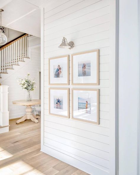 Modern Farmhouse Gallery Wall with Wall Sconce - Shiplap - Natural Wood Frames - White Walls - White Oak Wood Floors Modern Farmhouse Living, Casa Country, Modern Farmhouse Home, Modern Farmhouse Living Room, Farmhouse Interior, New Build, Farmhouse Homes, Old Barn, Ship Lap Walls