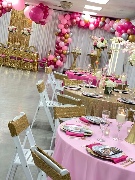 Pink And Gold Party Table Decor, Light Pink Dark Pink Gold Party, Pink Gold Sweet 16, Hot Pink White And Gold Party Decoration, Pink Gold White Party, Pink Gold And White Party Decoration Table Settings, Pink White And Gold Graduation Party, Pink And Gold Themed Birthday Party, Pink White And Gold Party Decoration