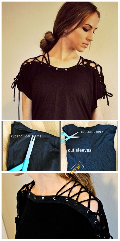 Chic T-shirt Refashion Ideas with DIY Tutorials-DIY Lace Up Collar T Shirt Refashion Tutorial Upcycling, Clothing Modification Diy Ideas, T Shirt Diy Ideas, T Shirt Modification, T Shirt Modification Diy, Cut Shirt Designs Diy, Tshirt Upcycle Diy, Tshirt Refashion Diy, Diy Lace Up Shirt