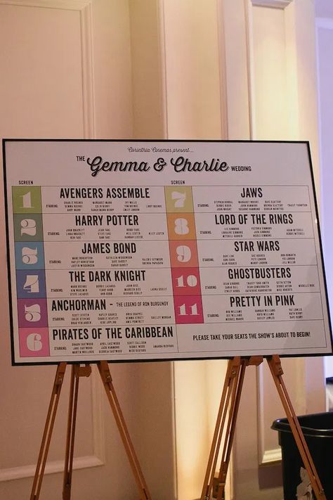 Hollywood Wedding, Movie Theme Wedding, Wedding Table Seating Chart, Wedding Table Seating, Wedding Table Designs, Geek Wedding, Wedding Movies, Vintage Wedding Theme, Seating Plan Wedding