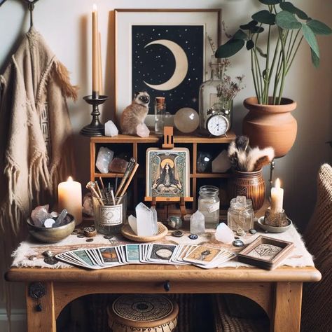 Types of Spiritual Altars: Sacred Spaces for All Beliefs - Crystal Sand Tarot Tarot Card Altar, Tarot Space Decor, Diy Crystal Storage, Pet Altar Ideas, Tarot Altar Set Up, Alter Ideas Spiritual Crystals, Sacred Place At Home, Creating An Alter Space, At Home Altar