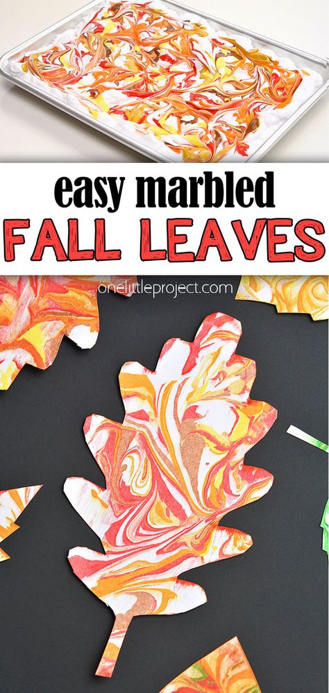 These marbled leaves are SO PRETTY and they're the perfect fall craft. Kids will love mixing paint into shaving cream and using a squeegee to scrape off the cardstock leaves. Such a fun activity for autumn, Thanksgiving, and Halloween! Fall Weather Art Preschool, Preschool Leaves Theme, Leaves Preschool Theme, Fall Preschool Crafts, Leaves Preschool, Simple Fall Crafts, Preschool Fall Crafts, Leaf Activity, Bacon Pancake