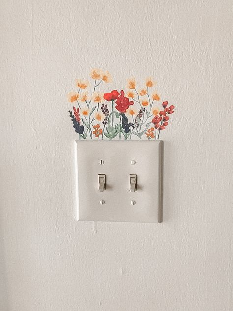 Flowers Light Switch, Flowers Above Light Switch, Flowers On Light Switch, Cute Wall Decor Ideas Diy, Cute Home Ideas Decor, Painting My Apartment, Hallway Wall Murals Painted, Mixed Decor Styles, Above Bed Mural