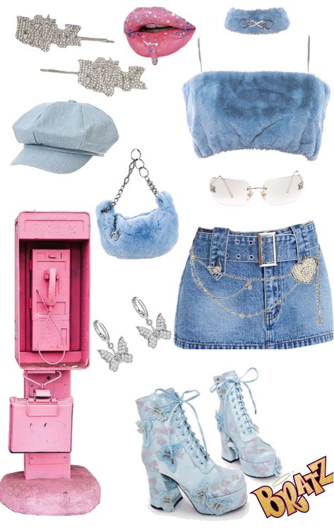 Bratz Style Aesthetic, Bratz School Outfit, Bratz Jeans Outfit, Blue Bratz Outfit, Bratz Denim Outfit, Bratz Doll Outfits Chloe, Bratz Bachelorette, Jade Bratz Outfits Inspiration, Chloe Bratz Aesthetic Outfits