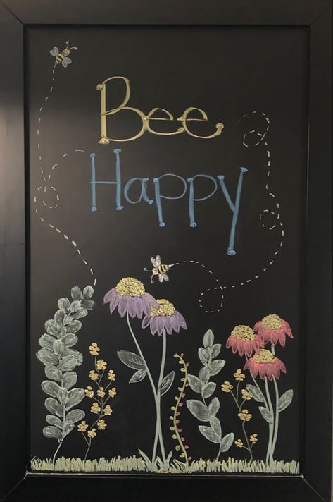 Spring and Summer Chalkboard Art Chalkboard Flowers Easy Spring, Spring Flowers Chalkboard Art, Botanical Chalkboard Art, May Blackboard Ideas, Nature Chalkboard Art, Spring Themed Chalkboard, Black Board Ideas Chalkboards, Work Chalkboard Ideas, Bee Chalk Art