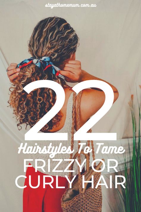 22 Hairstyles To Tame Frizzy or Curly Hair | Stay at Home Mum Updo For Long Hair Easy, Easy Buns For Curly Hair, Curly Hair Styles Naturally Updo, Headbands For Curly Hair, Lazy Curly Hairstyles Natural, Easy On The Go Hairstyles, How To Style Hair With Straightener, Easy Long Curly Hairstyles, Easy Hairstyles For Thick Long Hair