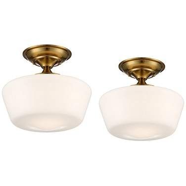 Schoolhouse 12" Wide Soft Gold and White Ceiling Lights Set of 2 French Country Kitchen Lighting Ideas, White Ceiling Lights, Lighting 2023, Simple Light Fixtures, Space Hallway, Hallway Ceiling Lights, Schoolhouse Style, Entry Area, Gold Light Fixture