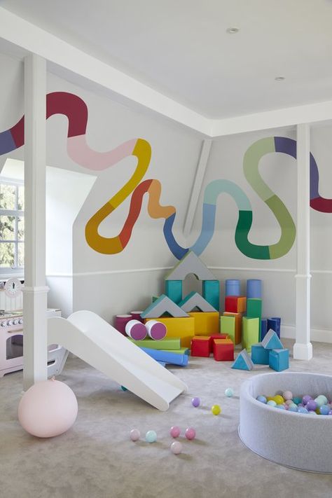 Kids Bedroom Ideas, Daycare Interior Design, Playroom Mural, Oversized Sofa, Indoor Playroom, Kindergarten Interior, Modern Playroom, Colorful Playroom, Kids Interior Design