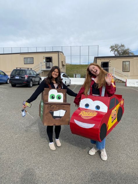 Diy Halloween costumes Third Wheel Costumes Halloween, Fancy Dress Duos Costume Ideas, Car Related Halloween Costumes, Lighting Mcqueen And Mater Costume Teens, Diy Tow Mater Costume, Tow Mater Trunk Or Treat, Homemade Costumes Couples, Pixar Cars Family Costume, Character Day Dress Up Ideas