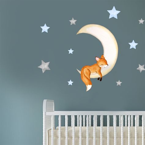 Faster shipping. Better service Fox Theme Bedroom Girl, Blue Nursery Theme, Night Nursery Theme, Fox Bedroom, Fox Themed Nursery, Fox Stickers, Fox Sleeping, Night Nursery, Moon With Stars