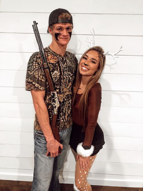 Couple Costumes Hunter And Deer, Hunter And A Deer Costume, Hunger And Deer Couple Costume, Hunting Costume Ideas, Country Costumes For Couples, Hunter Deer Couple Costume, Hunter And Dear Costume, Cute Costume Ideas For Couples, Cute Deer Costume