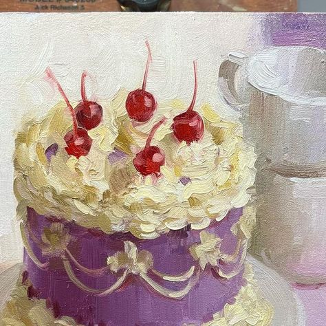 𝔸𝕤𝕙𝕝𝕖𝕪 𝔾𝕝𝕒𝕫𝕚𝕖𝕣 on Instagram: "Update: SOLD 🔴 Selling this little 8x8” cake painting that I made in preparation for my upcoming still life painting course with @sentientacademy! Woo! 🍰 Comment or DM to claim! $325+shipping, 8x8” on a 1.5” cradled panel, unframed. Painting will ship once dry. 💜📦" How To Paint A Cake, Birthday Cake Painting Acrylic, Cake Acrylic Painting, Oil Paint Inspiration, Cake Aesthetic Drawing, Cake Slice Painting, Food Art Painting Acrylic, Painting Inspiration Aesthetic, Final Art Project Ideas