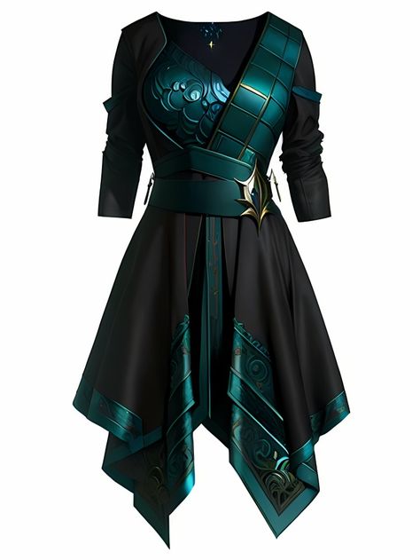 #ai Demon Dress Outfit, Elven Warrior Female Outfit, Hunger Games Arena Outfit Ideas, D&d Clothes, Women Worrior Outfits, Green Warrior Outfit, High Fantasy Outfits, Warrior Female Outfit, Dnd Fancy Clothes