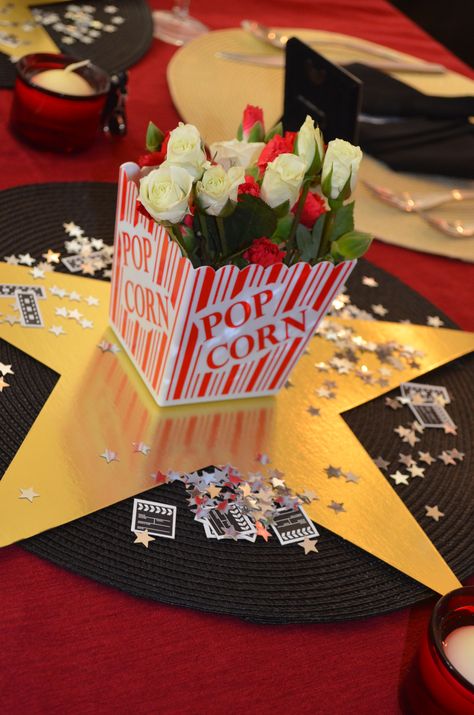 Centerpiece at Academy Awards party. Red Carpet Graduation, Academy Awards Party, Confetti Sprinkles, Corn Pops, Awards Party, Party Centerpiece, Table Confetti, Movie Party, Getting A Puppy