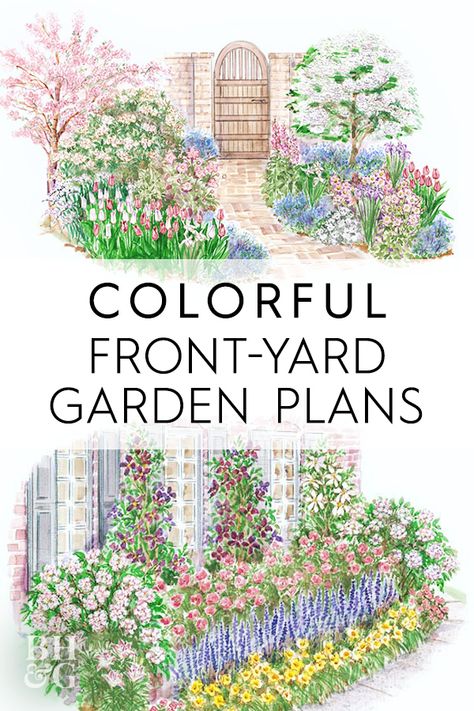 Looking for a colorful front-yard garden plan? Check out our favorite front-yard garden plans here. #gardenplans #gardenplanslayout #gardenlayout #project #printablegardenplan #landscape #bhg Front Yard Landscape Plans Layout, Yard Plans Layout Design, Front Yard Small Garden, Front Lawn Garden Bed, Flower Garden Ideas In Front Of House Landscaping Perennials, Full Front Yard Garden, Landscape Design Plans Front Yard, House Front Garden Design, Small Front Yard Flower Garden