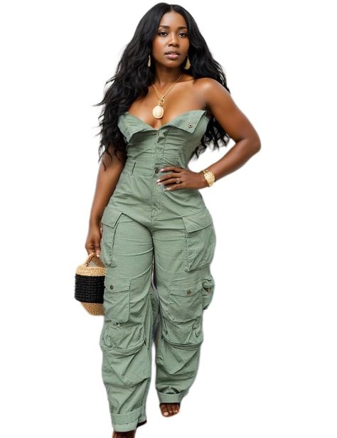 PRICES MAY VARY. Title: Pants for Women (L,ArmyGreen). Product Type: Departments > Women > Clothing > Pants > Casual High Waisted Cargo Pants, Plus Size Baddie Outfits, Sports Wear Fashion, Cargo Jumpsuit, Winter Pants Outfit, Casual Outfit Inspiration, Strapless Jumpsuit, Casual Jumpsuit, Light Blue Denim
