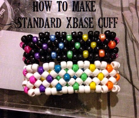 Looks like this tutorial is really tricky to access through my phone unless I pin it directly so here it is~  .//w//. Kandi Cuffs Tutorial, Kandi Bracelets Patterns, X Base Cuff, Kandi Cuff Tutorial, Beaded Cuff Bracelet Tutorial, Kandi Tutorial, Rave Candy, Kandi Perler, Rave Bracelets