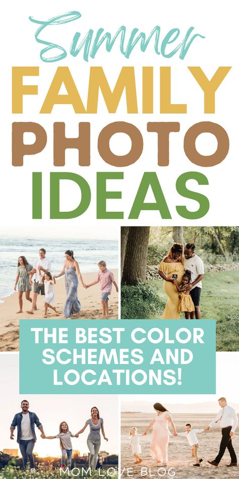 Collage of summer family photo ideas. Family Photo Outfits Lake, Beach Family Pictures Color Scheme, Family Photos Denim And White, Color Combos For Family Pictures, Family Photo Outfits Bright Colors, Summer Photoshoot Ideas Family Of 4, Family Photos Summer Color Schemes, Best Colors To Wear For Beach Pictures, Summer Family Photo Outfit Ideas