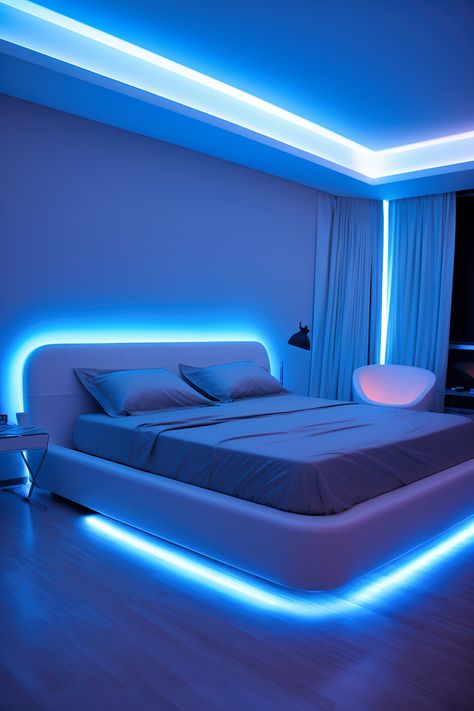This neon bedroom embodies minimalist harmony with clean white lines and tranquil blue neon lights. The simplistic decor and functional furniture create a serene and uncluttered atmosphere. Cute Led Bedroom Ideas, Bed Rooms With Led Lights, Neon Lights Boys Bedroom, Blue Light Aesthetic Room, Master Bedrooms Decor Led Lights, Modern Led Bedroom, Led Lights In Bedroom Ideas, Blue Neon Bedroom, Blue Light Room Aesthetic