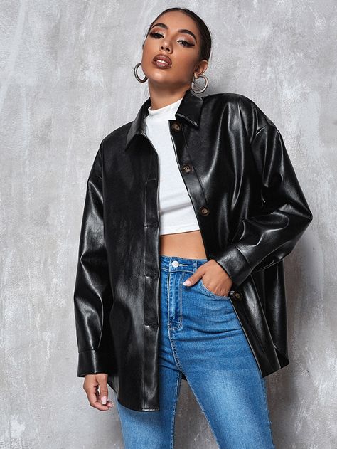 Black Casual  Long Sleeve PU Leather Plain Other Embellished Slight Stretch Fall/Winter Women Outerwear Leather Shacket Outfit, Leather Shirt Outfit, Leather Coat Outfit, 1990 Style, Black Leather Jacket Outfit, Shacket Outfit, Jacket Outfit Women, Faux Leather Coat, Leder Outfits