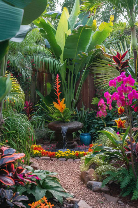 42 Stunning Corner Garden Designs for Your Tropical Oasis Landscaping A Small Front Yard, Salsa Garden Ideas, Las Vegas Landscaping Ideas, Outdoor Patio Plants Ideas, Simple Florida Landscaping, Tropical Plants Outdoor Full Sun, Florida Garden Ideas, Bali Garden Design, Small Tropical Garden Ideas