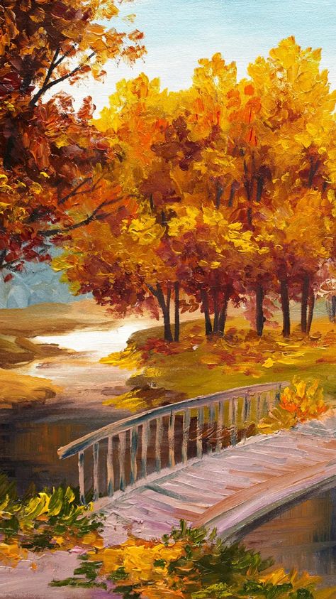 Good Desserts, Fall Landscape Painting, Easy Landscape Paintings, Fall Canvas Painting, Bridge Painting, Fall Canvas, Paint Nite, Scenery Paintings, Landscape Paintings Acrylic