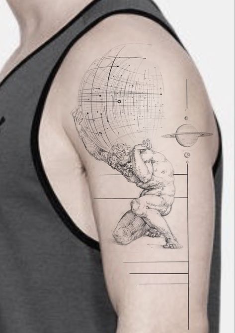 Realism Line Work Tattoo, Atlas Line Tattoo, Atlas Fibonacci, Atlas Geometric Tattoo, Atlas Back Tattoo, Atlas Tattoo Sleeve, Greek Philosophy Tattoo, Physics Tattoo Ideas, Tattoo Arte Griego