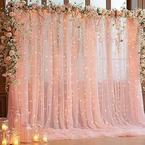10x10ft Peach Tulle Backdrop Curtain with Lights String for Parites, Sheer Backdrop Curtains for Wedding Baby Shower Birthday Party Photo Shoot Decorations Tulle Wall Backdrop, One Sweet Peach Birthday Decorations, Tea Party Baby Shower Backdrop, Peach Decorations Party, Hanging Flowers Backdrop, Curtain With Lights, Peach Party Decor, Grad Party Backdrop, Flower Garland Backdrop