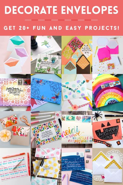 Learn how to decorate envelopes that are perfect for sending as happy mail! These ideas also make great party or holiday invites. So fun! Cute Decorated Envelopes, Snail Mail Envelopes Ideas, Envelope Art Diy, Mail Craft, Art Envelopes, Penpal Ideas, Penpal Letters, Gift Card Presentation, Snail Mail Envelopes