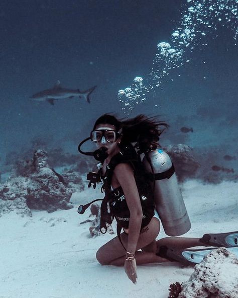 Maggie Wilson on Instagram: "Can’t wait to fly to Komodo next week with the Bali fam for a couple of days of diving. Fingers crossed we get to see some mantas and sharks!🖤" Scuba Diving Shark, Woman Scuba Diving, Scuba Pictures, Scuba Diving Aesthetic, Diving Outfit, Diving Aesthetic, Bali Diving, Freediving Photography, Woman Diving