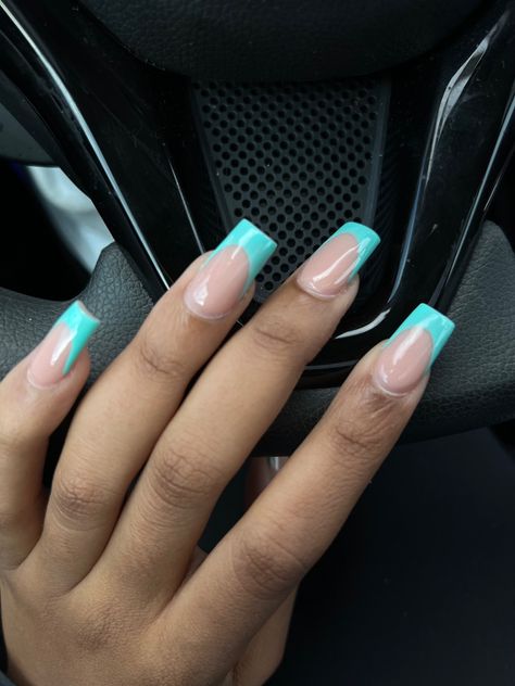 teal blue french tip nails, tapered square French Teal Tip Nails, Turquoise Nails Acrylic French Tips, Teal Tip Acrylic Nails, French Teal Nails, Cyan Blue Nails Acrylic, Mint Blue French Tip Nails, Teal French Tip Nail Designs, Nails Tourquise, French Tips Turquoise