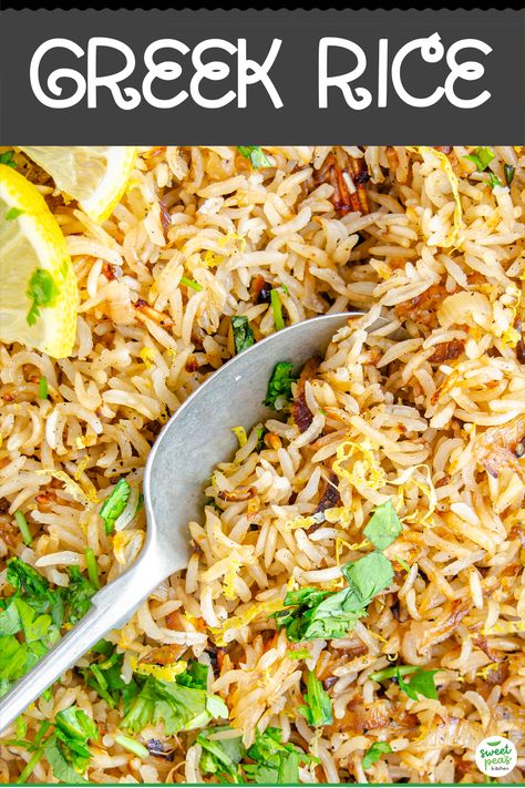 Rice Sidedish Recipe, Greek White Rice, Greek Basmati Rice, Greek Rice Recipes, Fancy Rice Dishes, Basamitti Rice Recipes, Rice Side Dishes For Pork, Greek Rice Bowl, Greek Style Rice