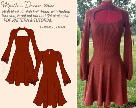 Pattern. Stretch knit mini dress with a high neck, front cut-out and bishop sleeves. Intermediate sewing project. Sizes 4–18 UK / 0–14 US. Couture, Bishop Sleeve Pattern, Stretch Knit Dress, Bishop Sleeves, Dream Design, Clothes Sewing Patterns, Knit Mini Dress, Sewing Project, Circle Skirt